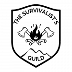 A shield with the text 'The Survivalist's Guild' and a fire in the center with two axes coming out of the flames.