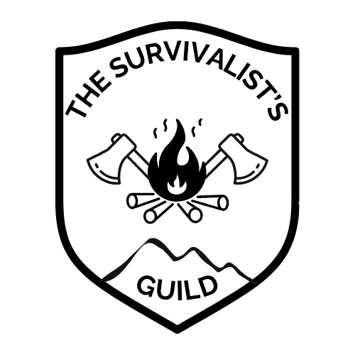 A shield with the text 'The Survivalist's Guild' and a fire in the center with two axes coming out of the flames.