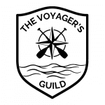 A shield with the text 'The Voyager's Guild' a compass with ores crossed behind, floating above sea waves.
